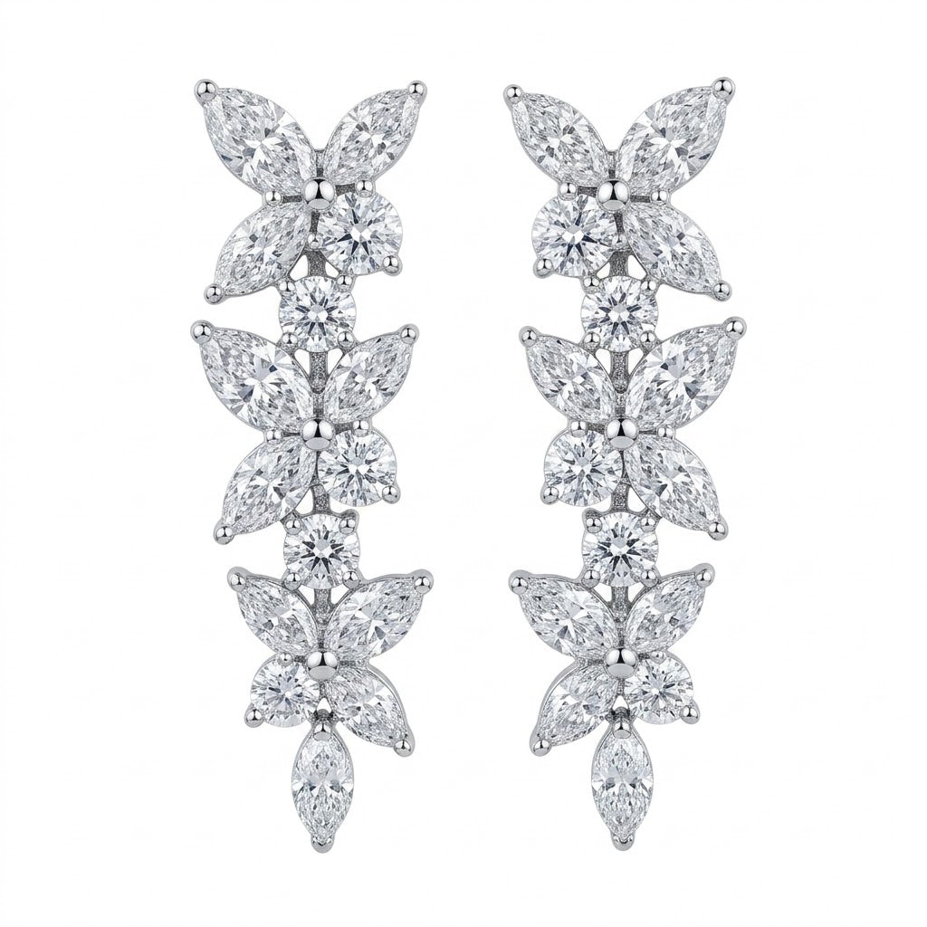 Mixed Diamond Cluster Platinum Drop Earrings