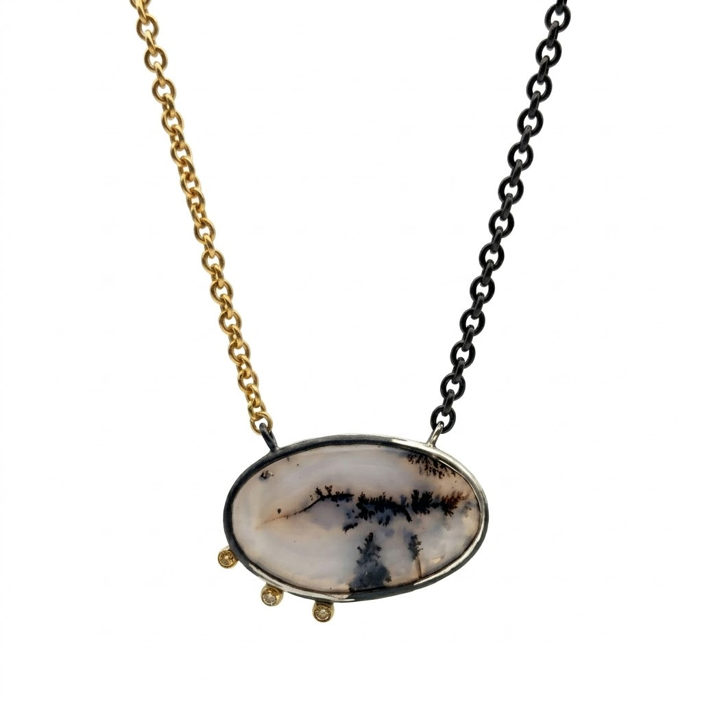 Dendric Agate Mixed Metal Necklace with Brown Diamond Accents — One-of-a-kind oval shaped Dendric Agate, also known as Scenic