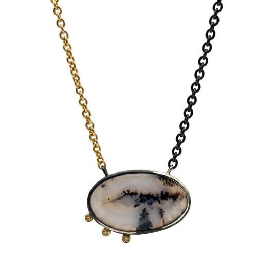Dendric Agate Mixed Metal Necklace with Brown Diamond Accents