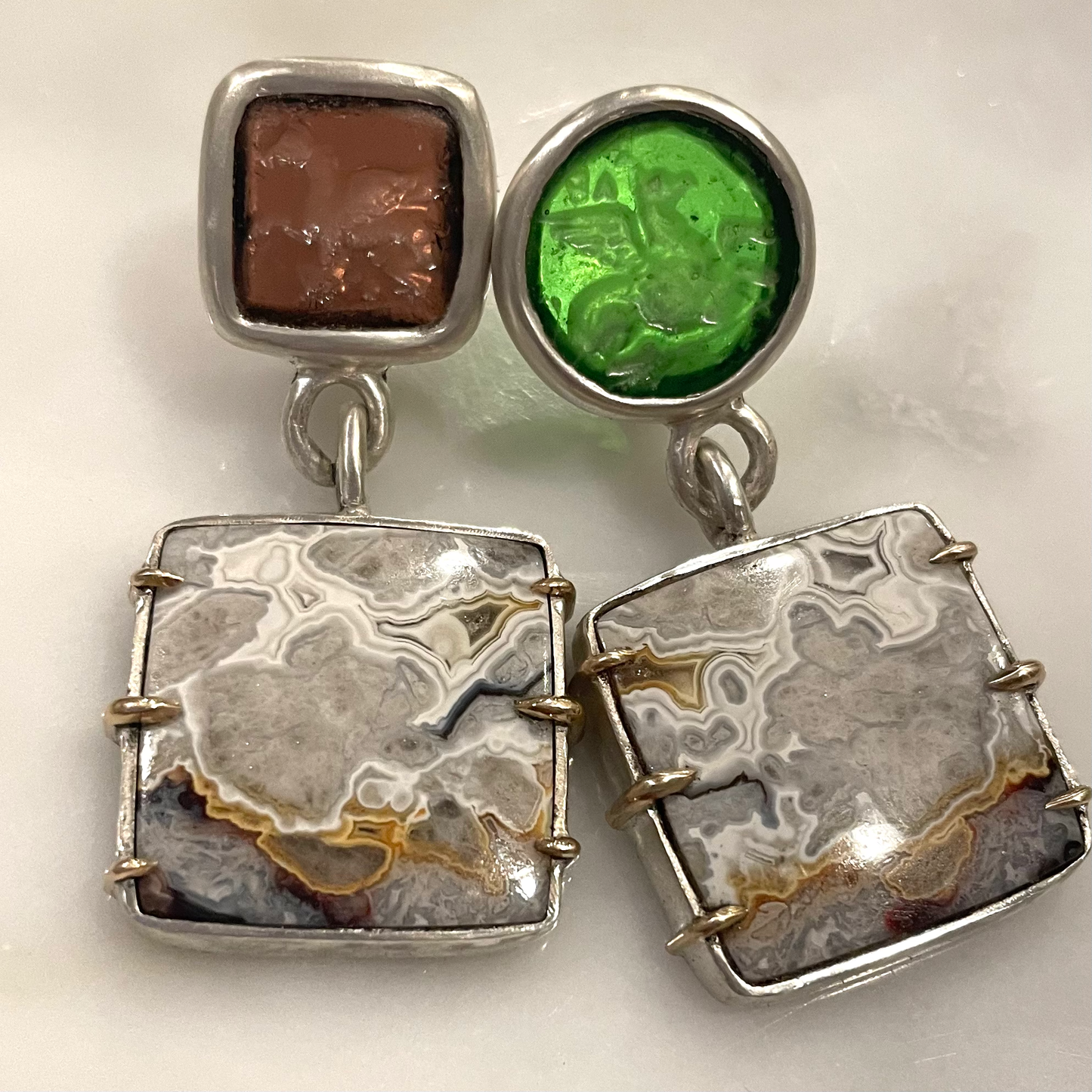Lace Agate & Intaglio Silver Earrings