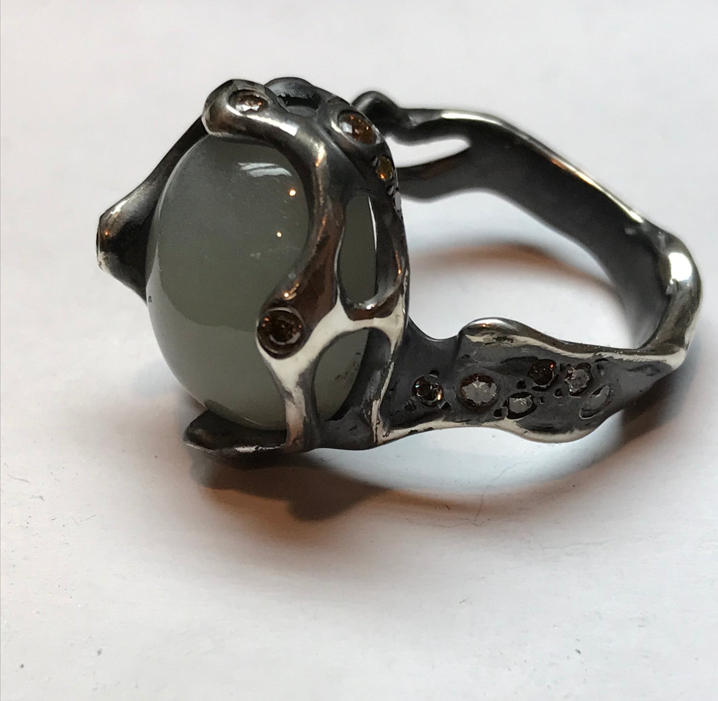 Moonstone & Brown Diamond Silver Ring