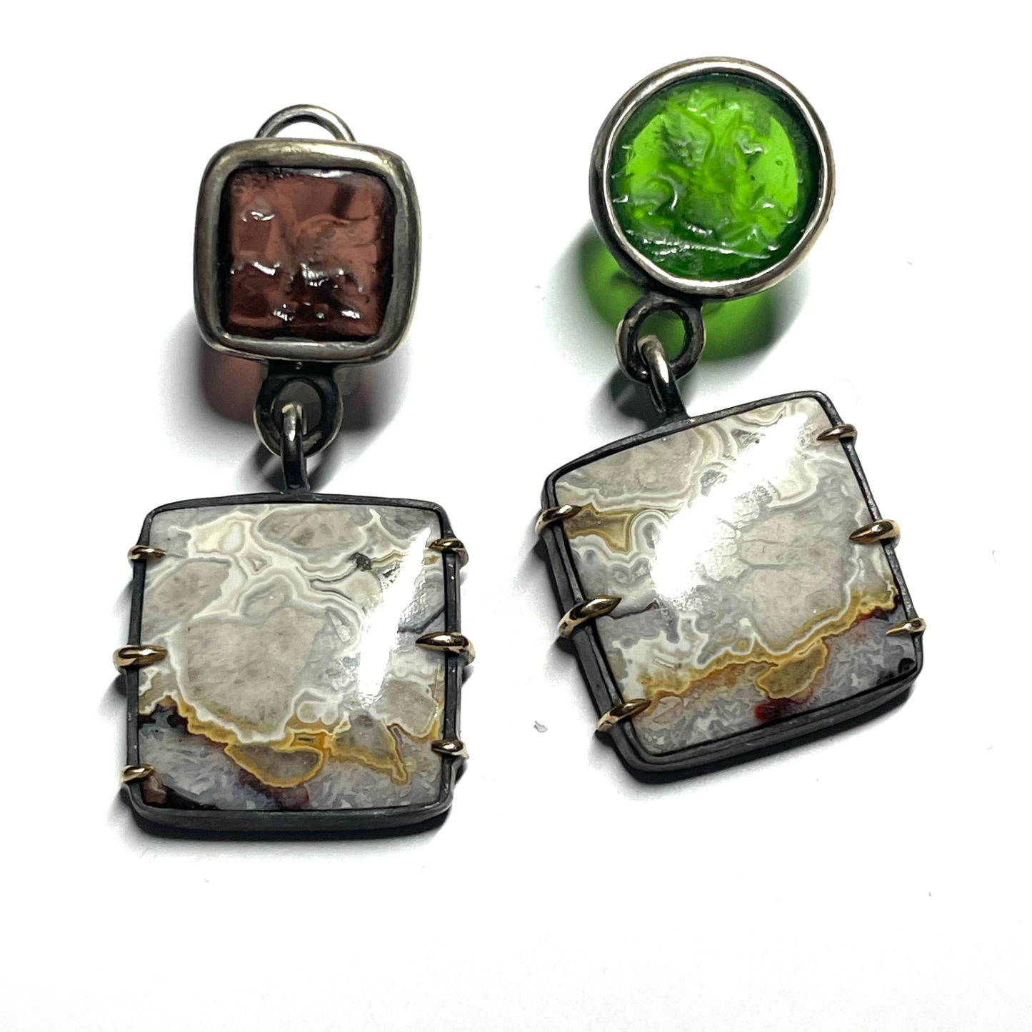 Lace Agate & Intaglio Silver Earrings