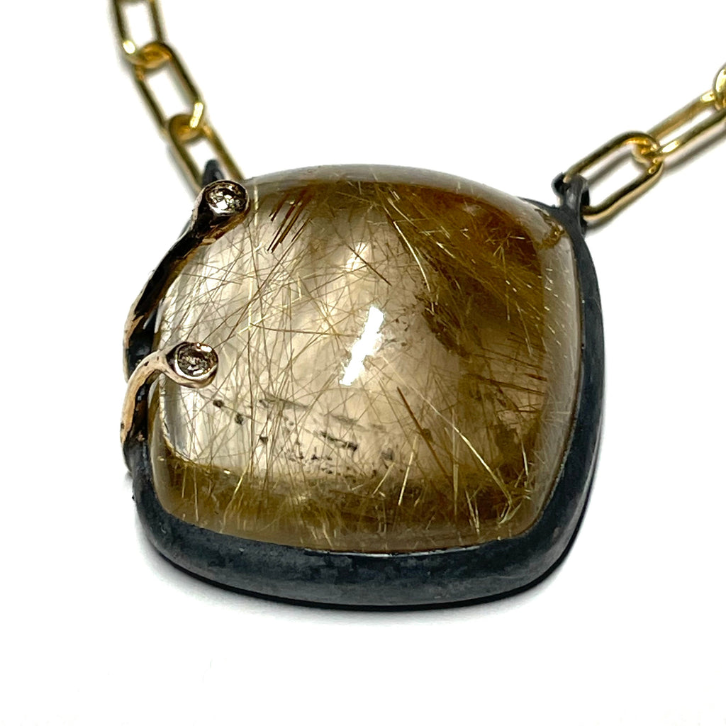 Rutilated Quartz &amp; Brown Diamond Paperclip Chain Pendant