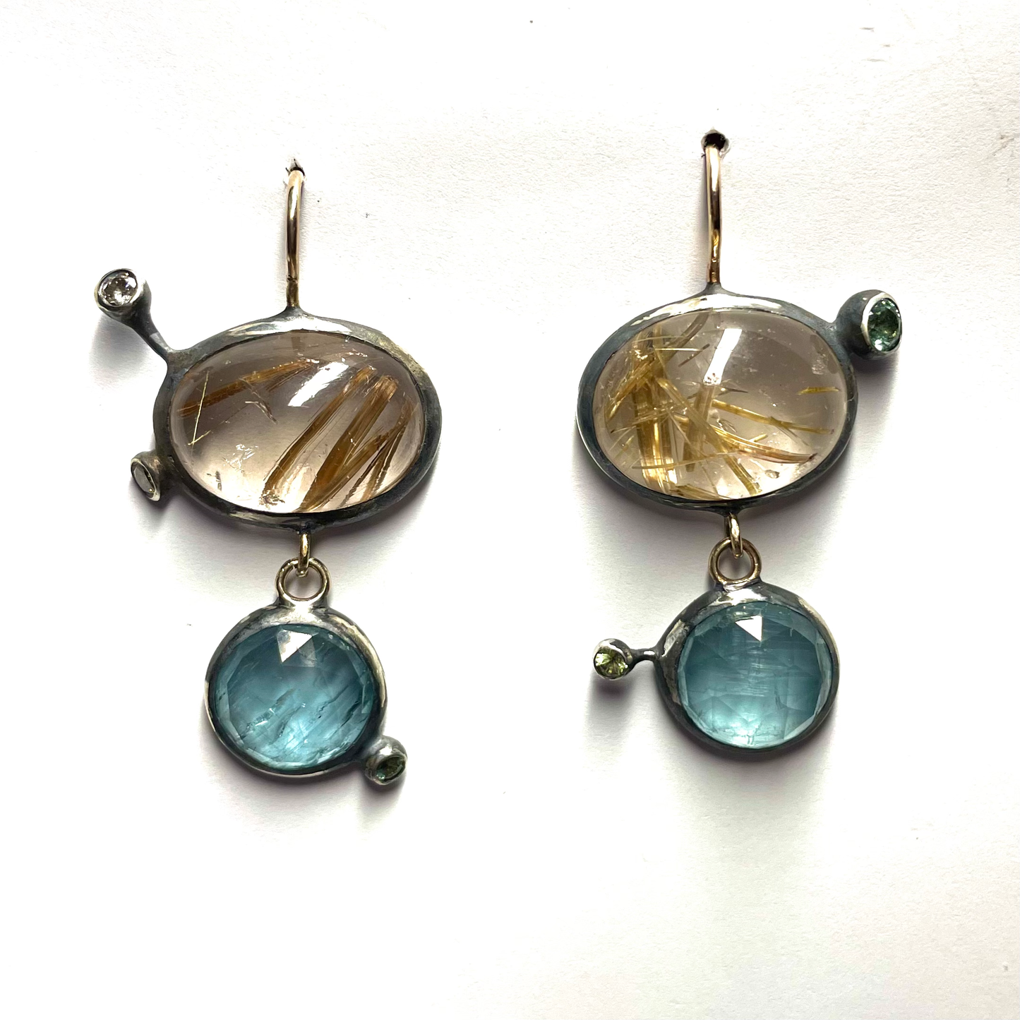 Rutilated Quartz, Kyanite & Sapphire Earrings