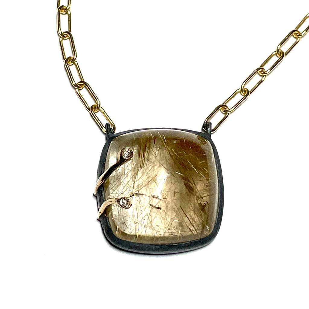 Rutilated Quartz &amp; Brown Diamond Paperclip Chain Pendant