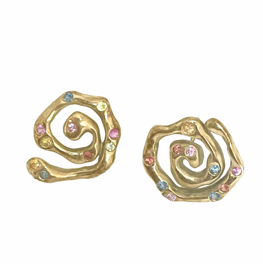 Gold Swirl Mismatched Stud Earrings with Cognac Diamonds