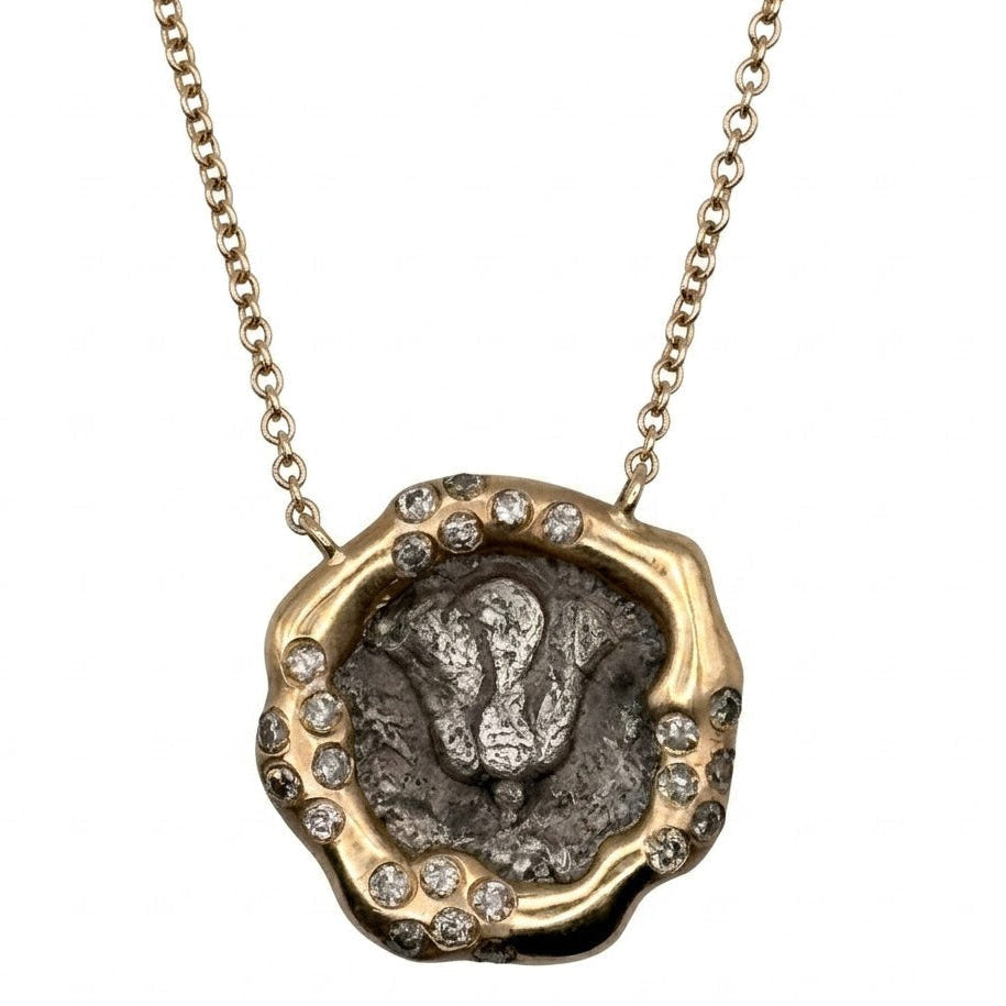 Greek "Rose" Coin Gold Necklace with Salt and Pepper Diamonds — Authentic Greek silver "Rose" coin from the Isle of Rhodes is