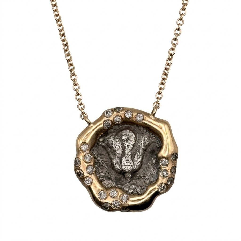 Ancient Greek Bronze "Rose" Coin Gold Necklace with Vivid Pink Sapphires