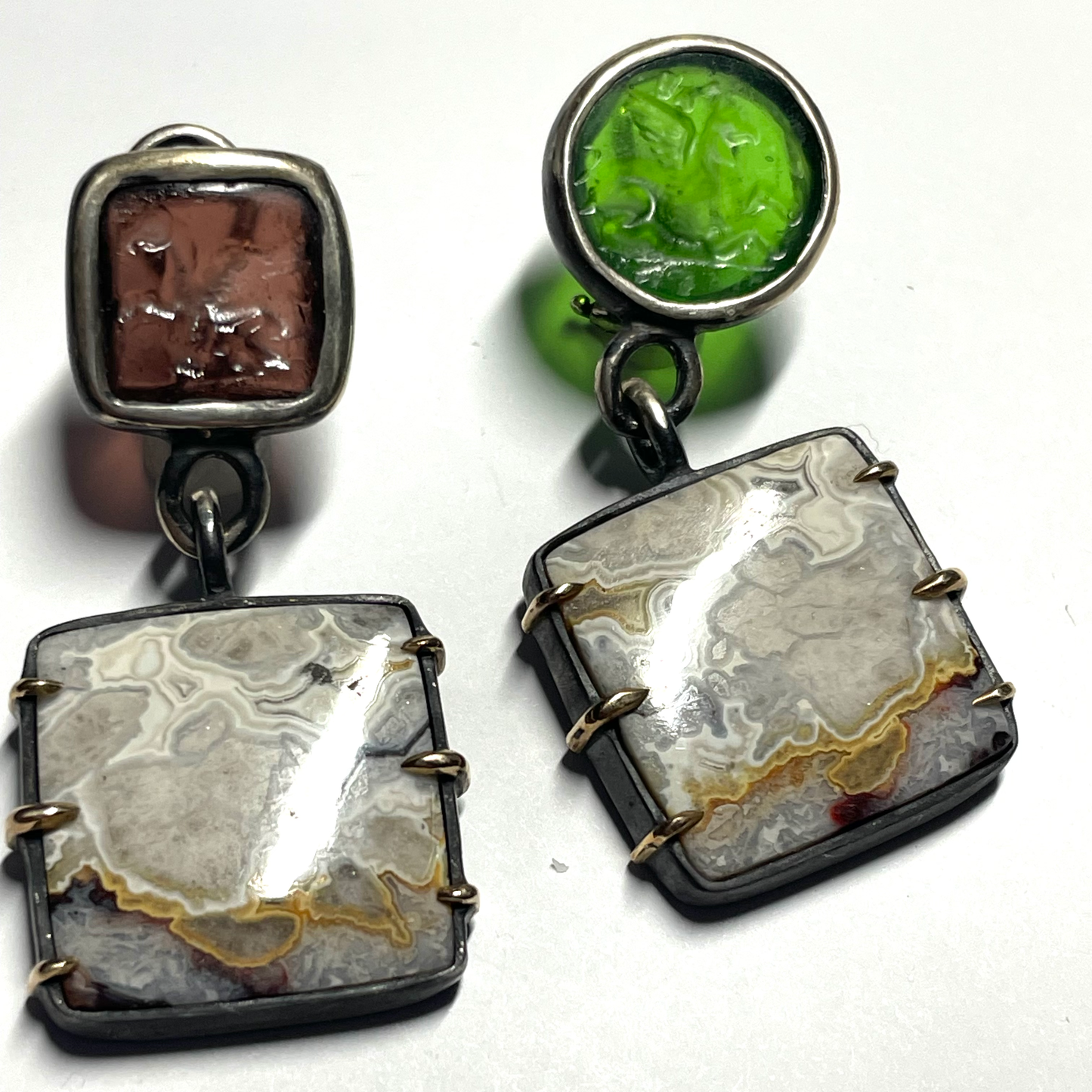 Lace Agate & Intaglio Silver Earrings