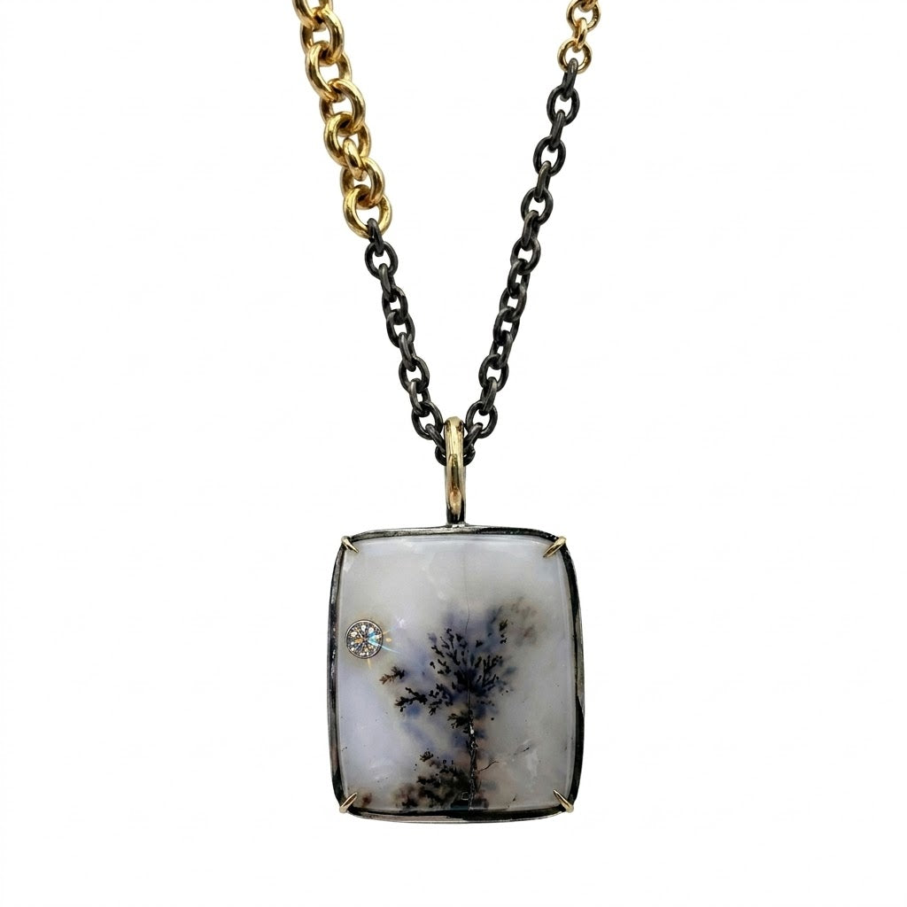 Dendric Agate and Sapphire Accent Mixed Metal Necklace — A uniquely occurring natural Dendric Agate is set in oxidized silver