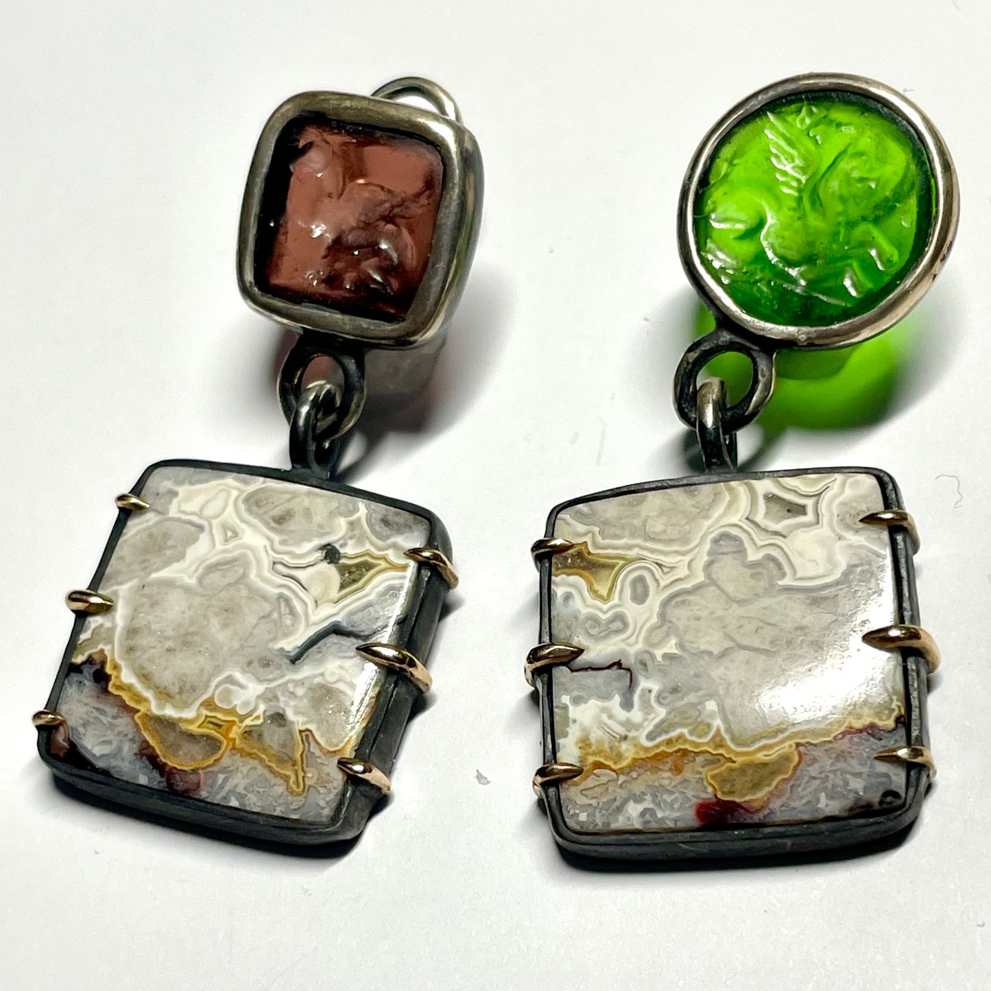 Lace Agate & Intaglio Silver Earrings