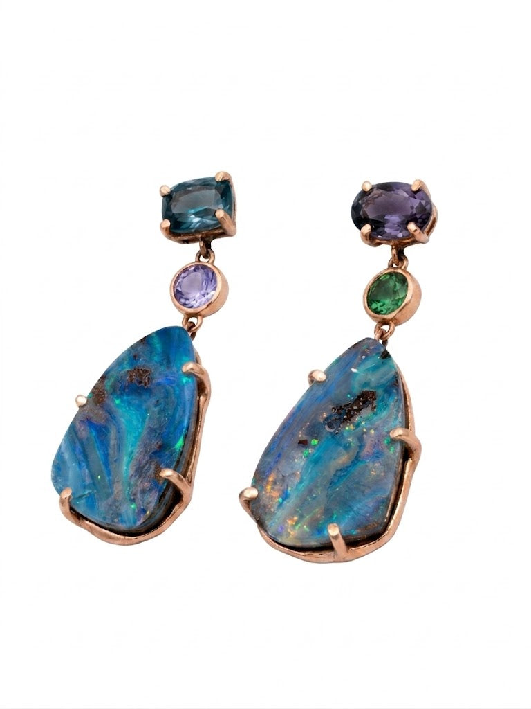 Boulder Opal & Sapphire Rose Gold Earrings