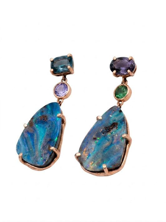 Boulder Opal & Sapphire Rose Gold Earrings