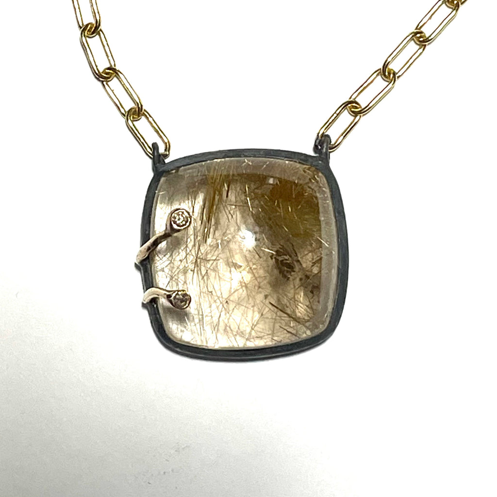 Rutilated Quartz &amp; Brown Diamond Paperclip Chain Pendant