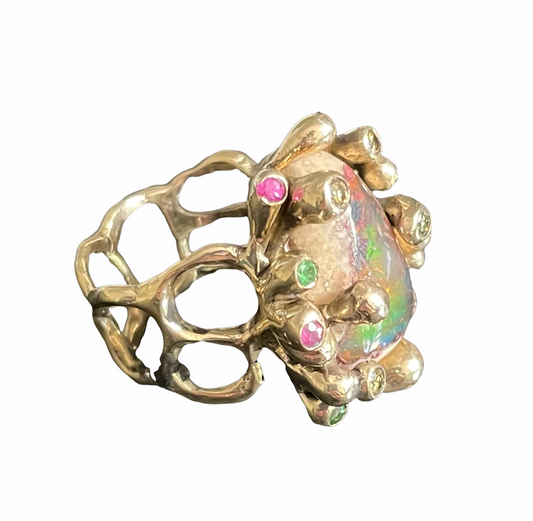 Mexican Galaxy Opal & Sapphire Silver Ring