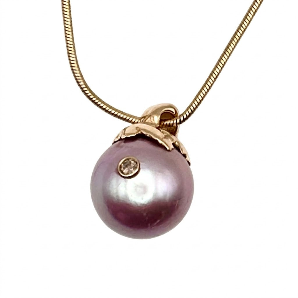 Edison Pearl Gold Pendant with Diamond Accent — Luminous extra-large Edison pearl measure 13 mm, wrapped in solid cast 14K