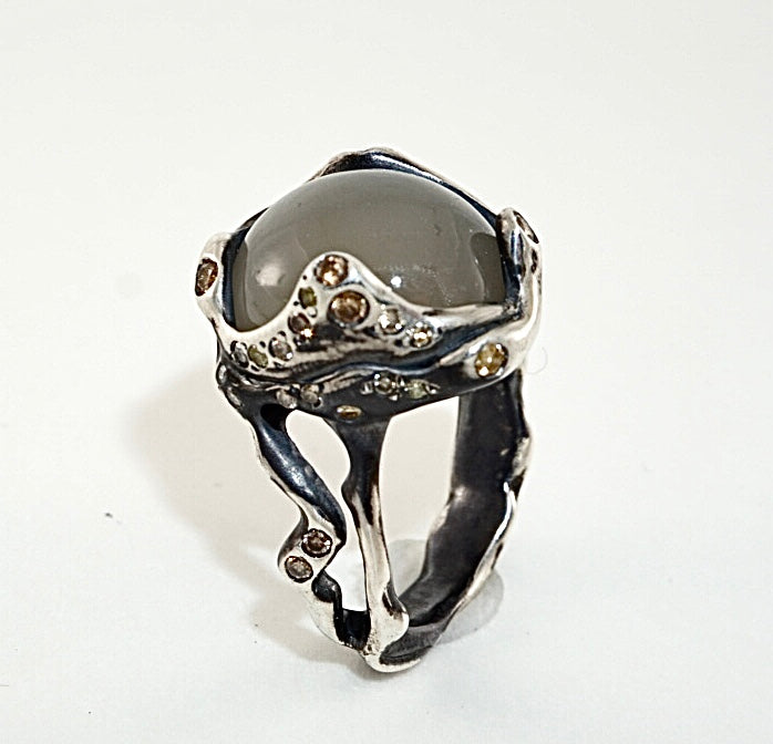 Moonstone & Brown Diamond Silver Ring