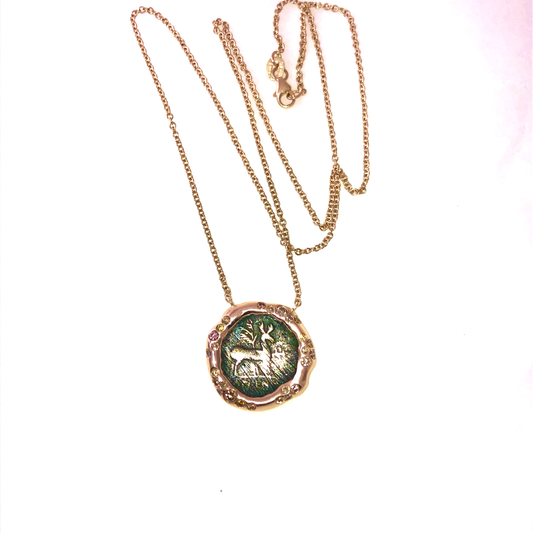 Greek Coin & Pink Sapphire Gold Pendant