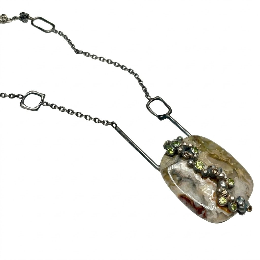 Crazy Lace Agate, Sapphire & Diamond Pendant