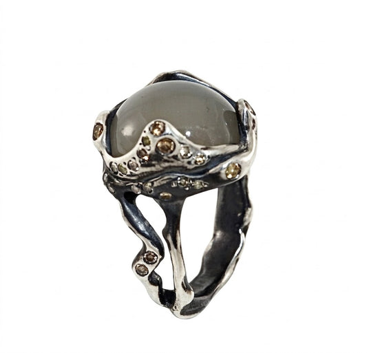 Moonstone & Brown Diamonds Silver Ring