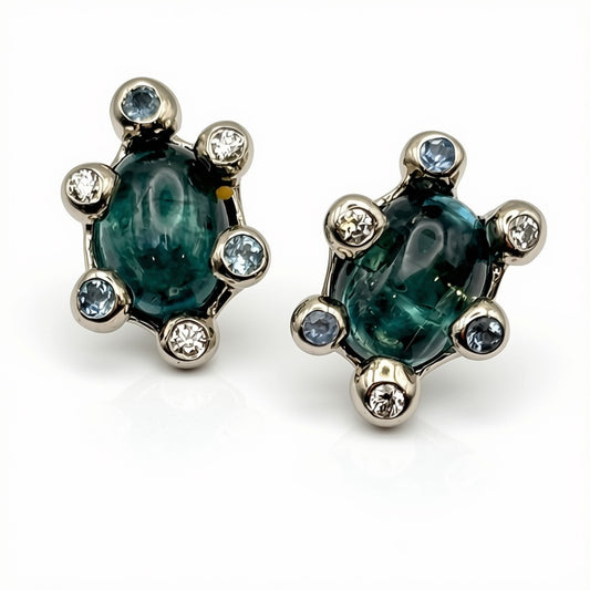 Green-blue Tourmaline, Aquamarines & Diamonds White Gold Stud Earrings