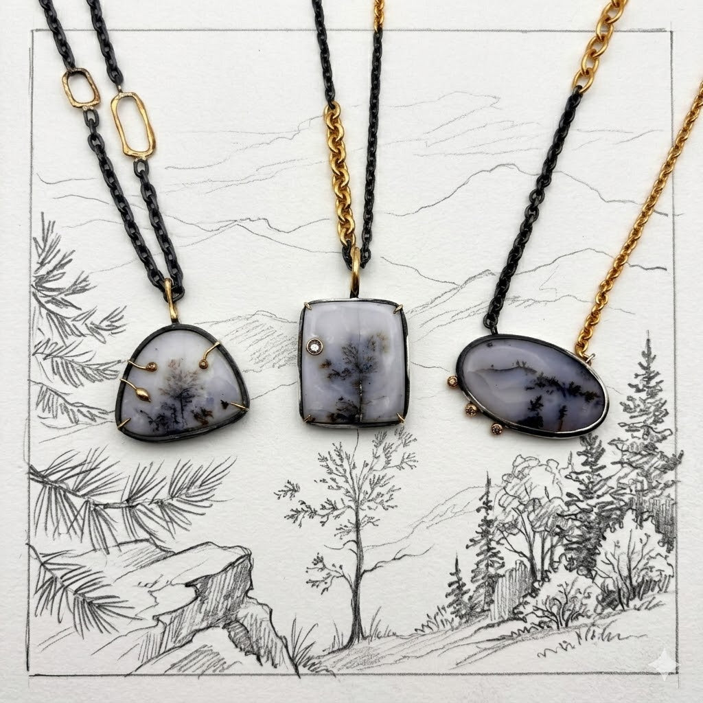 Alternate view of Dendric Agate Mixed Metal Necklace with Brown Diamond Accents — One-of-a-kind oval shaped Dendric Agate