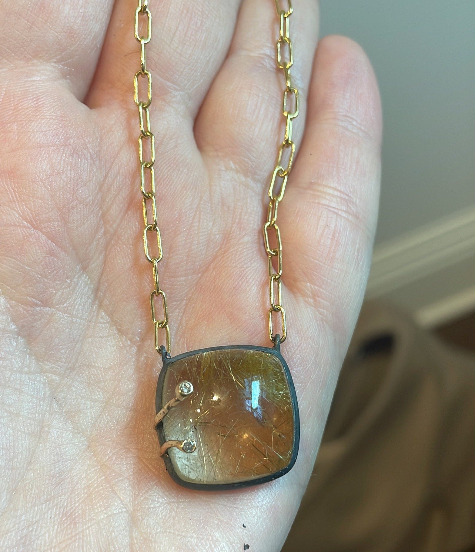 Rutilated Quartz &amp; Brown Diamond Paperclip Chain Pendant