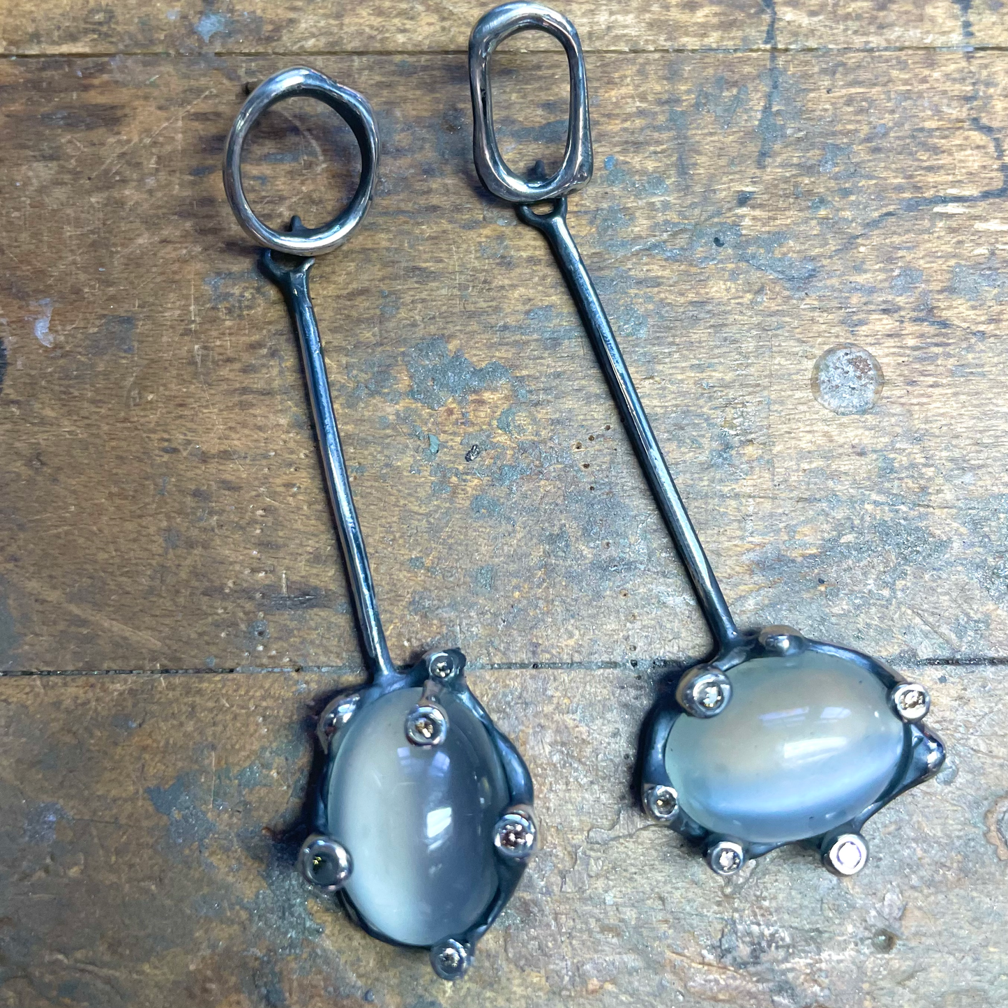 Moonstone & Brown Diamond Dangle Silver Earrings