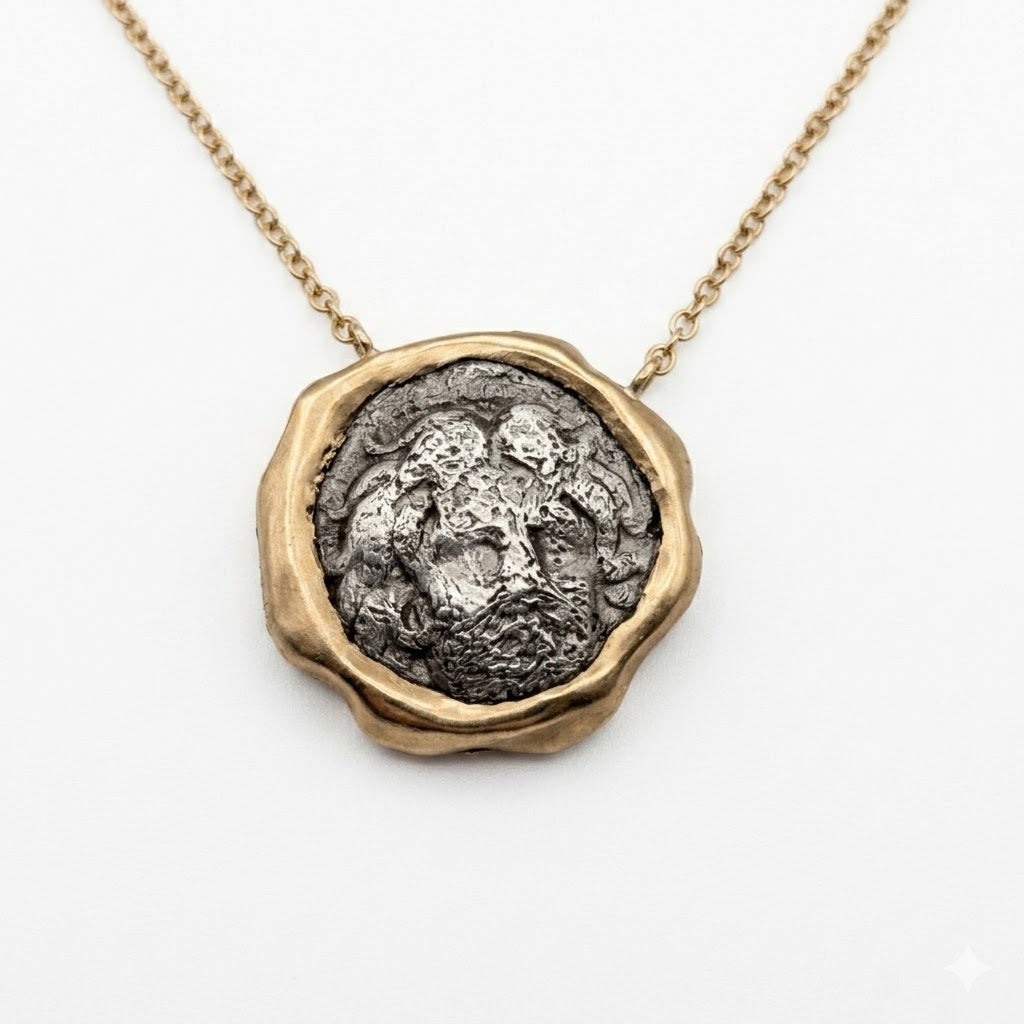 Ancient Greek Silver "Rose" Coin Gold Necklace with Salt and Pepper Diamonds