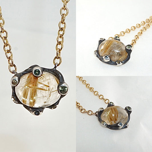 Rutilated Quartz & Sapphire Pendant on a Gold-filled Paperclip Chain
