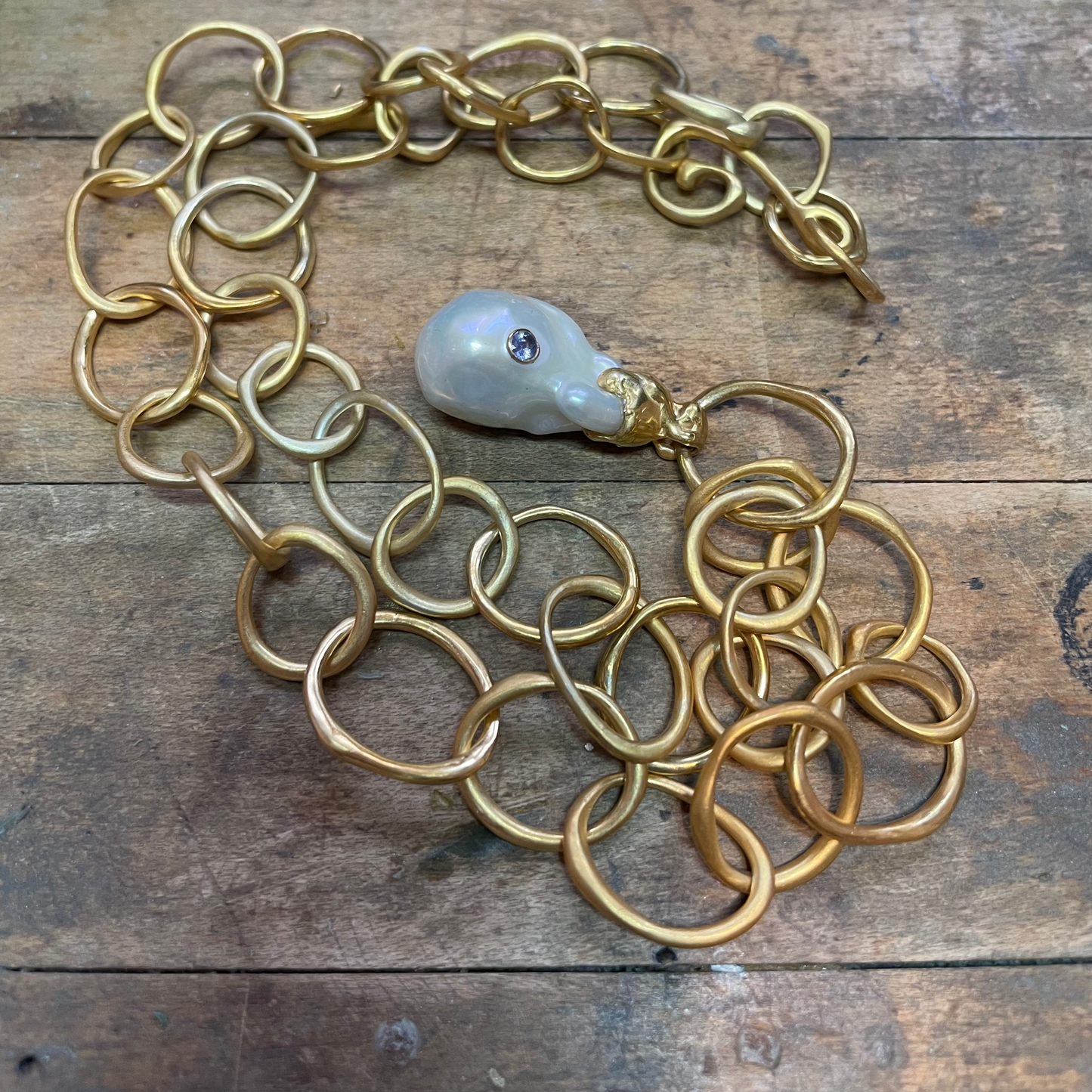 Rustic Chunky Chain with Baroque Pearl and Sapphire Pendant