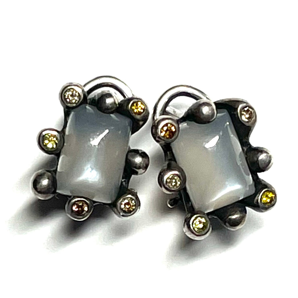 Grey Moonstone and Diamonds Silver Earrings