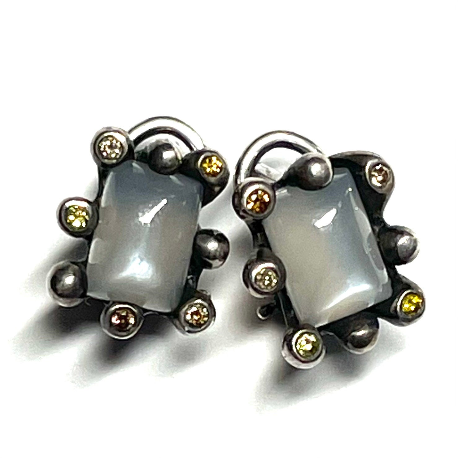 Grey Moonstone and Diamonds Silver Earrings