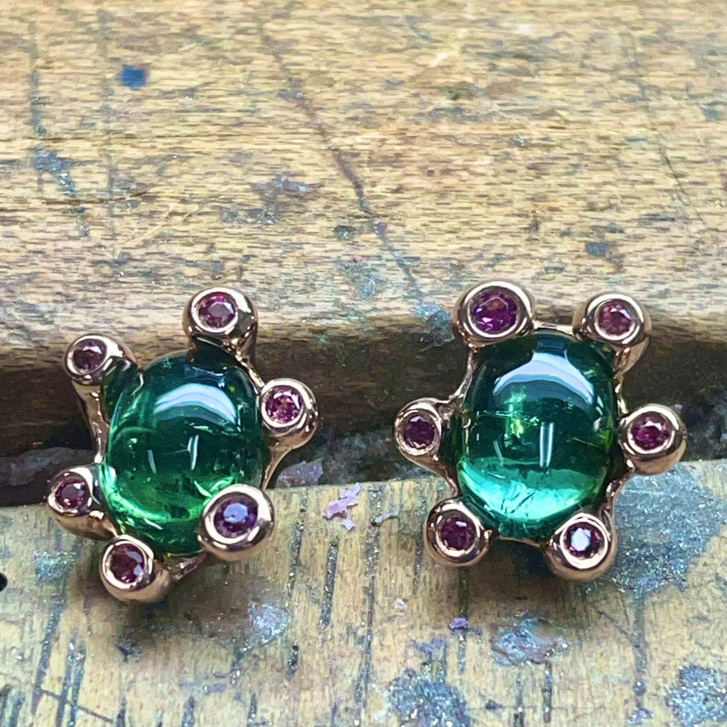 Blue Tourmaline & Pink Sapphire Gold Earrings