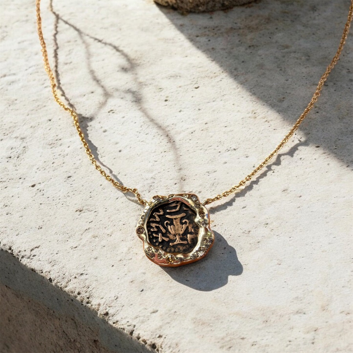 Greek Coin & Pink Sapphire Gold Pendant