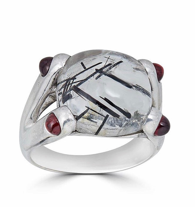 Tourmalated Quartz & Garnet Silver Ring