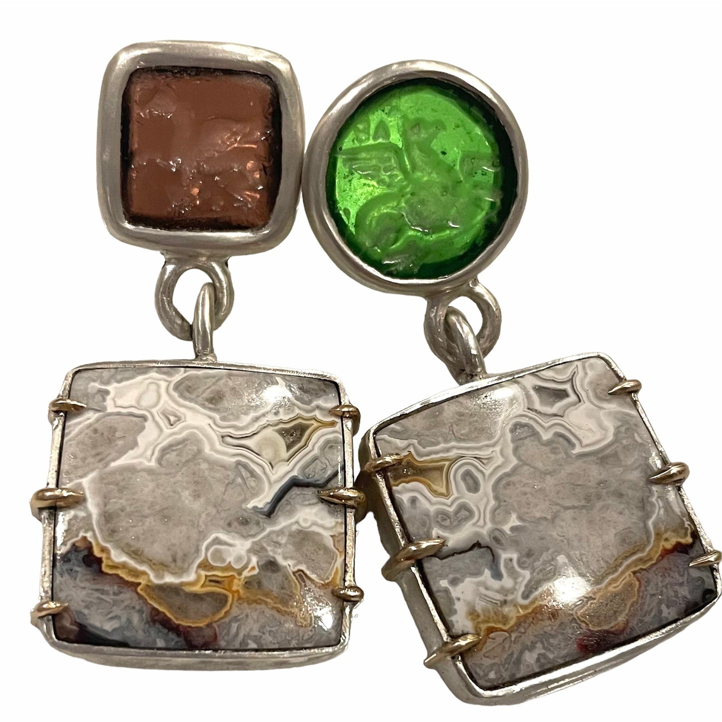 Lace Agate & Intaglio Silver Earrings