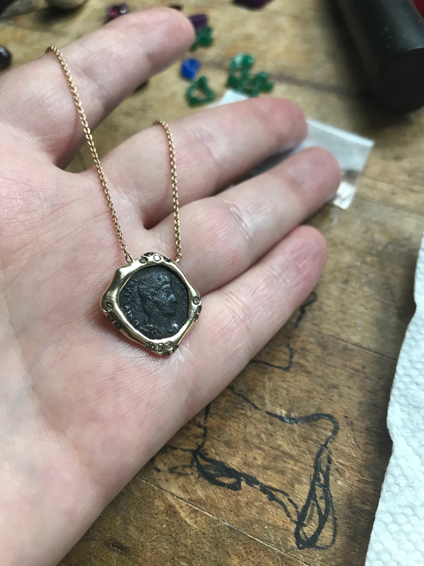 Greek Coin & Pink Sapphire Gold Pendant