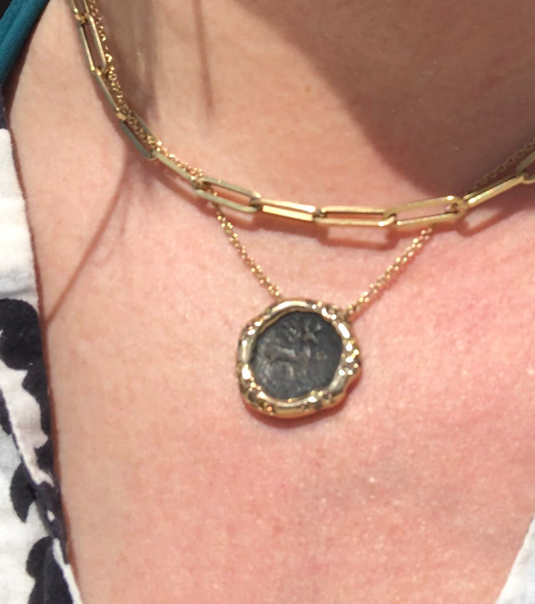 Greek "Bee and Stag" Coin Gold Necklace with Cognac Diamonds