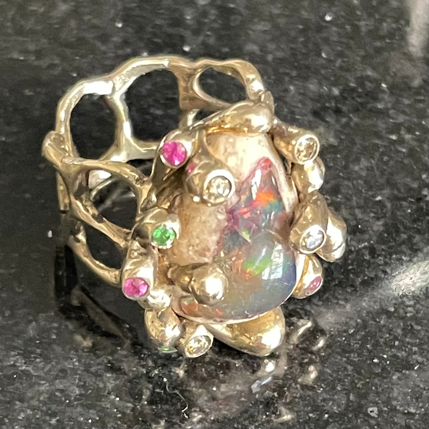 Mexican Galaxy Opal & Sapphire Silver Ring