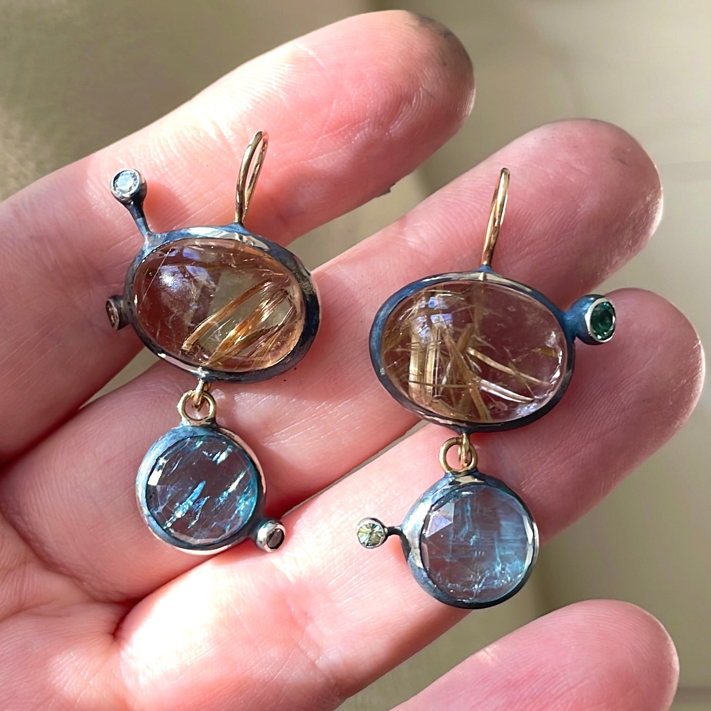 Rutilated Quartz, Kyanite & Sapphire Earrings