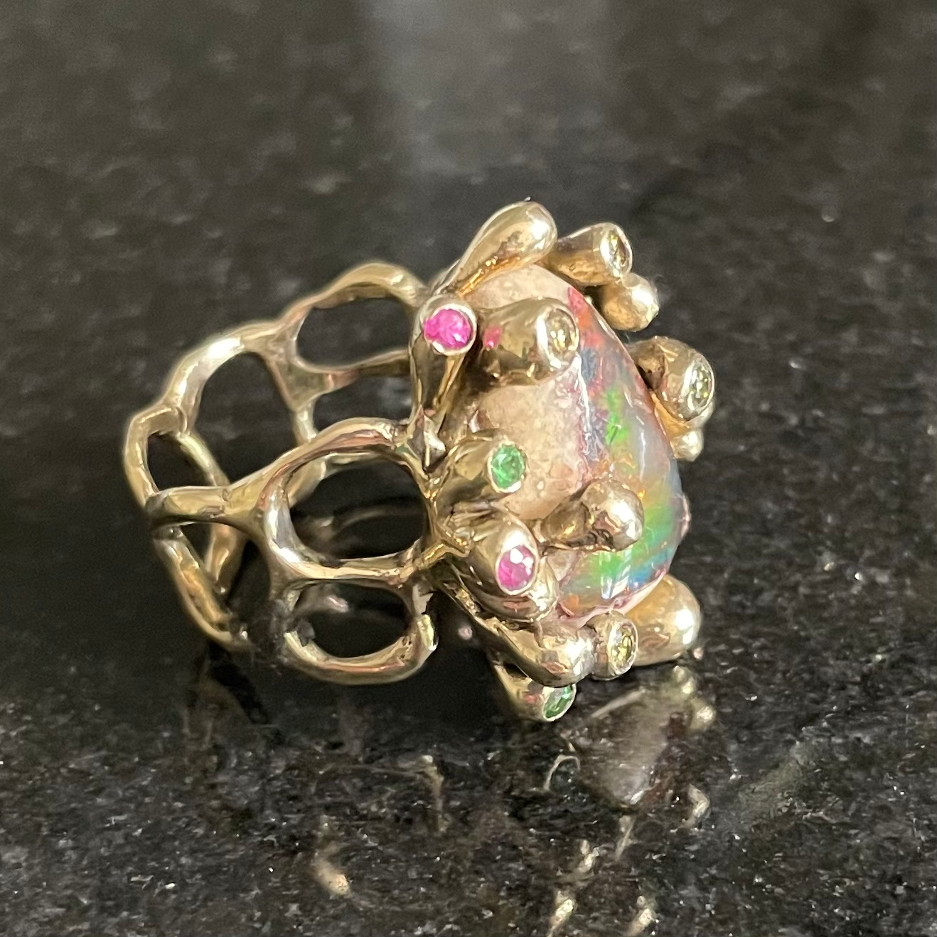 Mexican Galaxy Opal & Sapphire Silver Ring