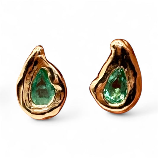 Emerald Teardrop Gold Stud Earrings