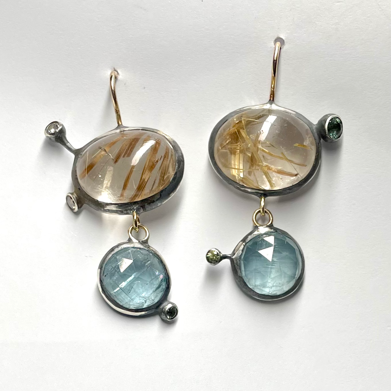 Rutilated Quartz, Kyanite & Sapphire Earrings