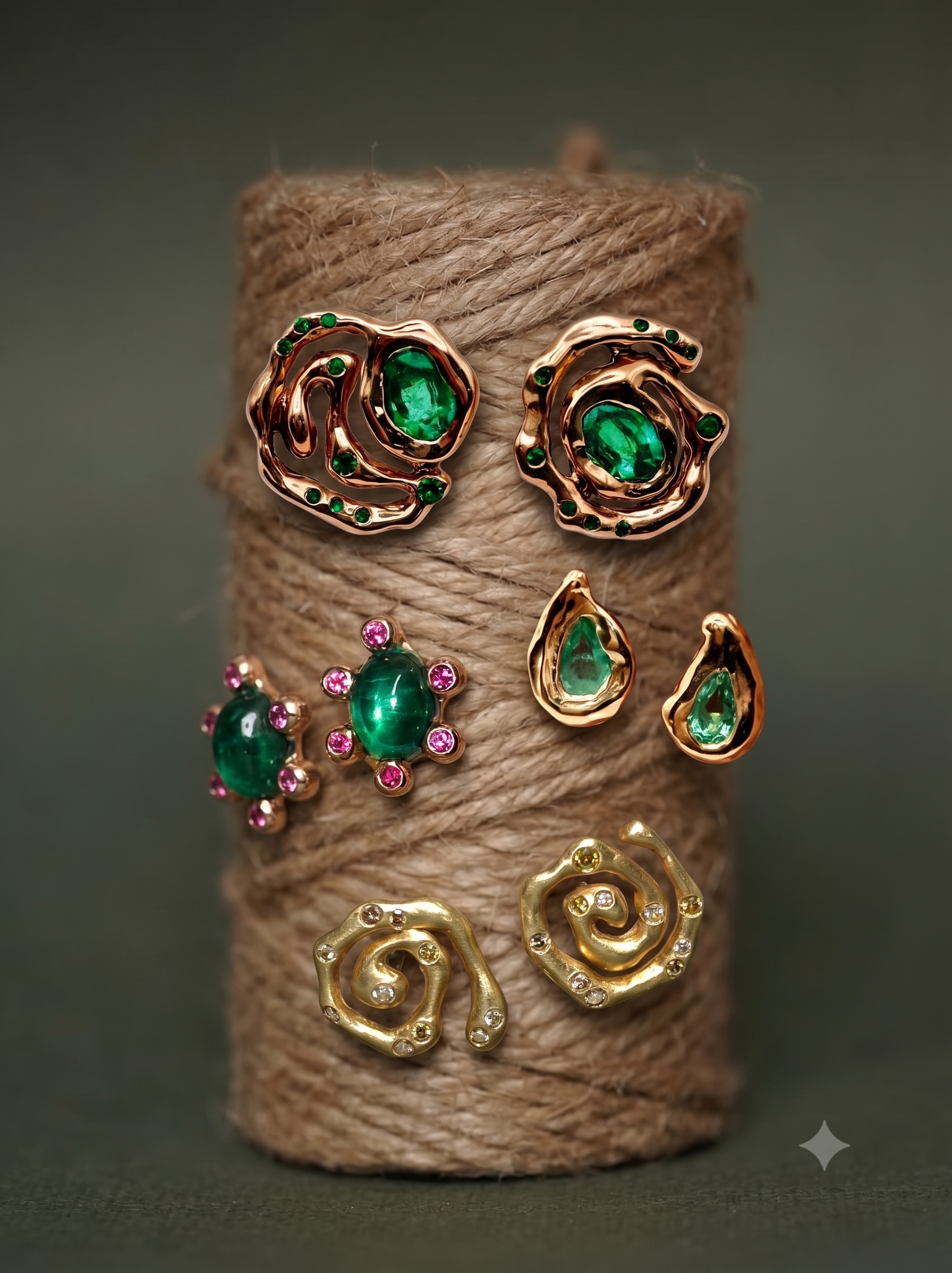 Alternate view of Mismatched Gold Swirl Stud Earrings with Cognac Diamonds — Hand carved and solid cast swirl earring cast in