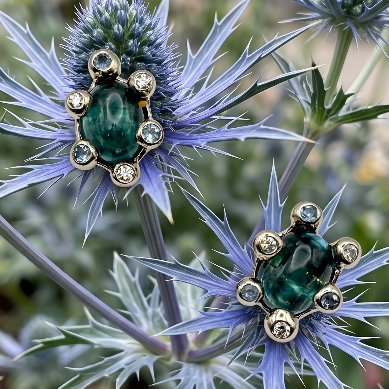 Green-blue Tourmaline, Aquamarines & Diamonds White Gold Stud Earrings