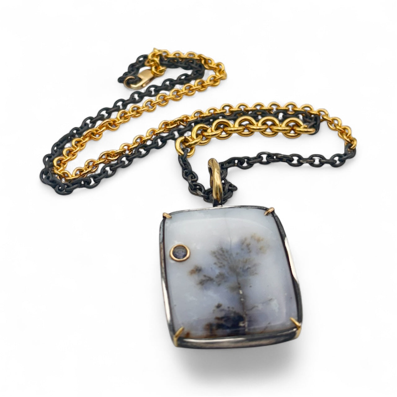 Dendric Agate and Sapphire Accent Mixed Metal Necklace