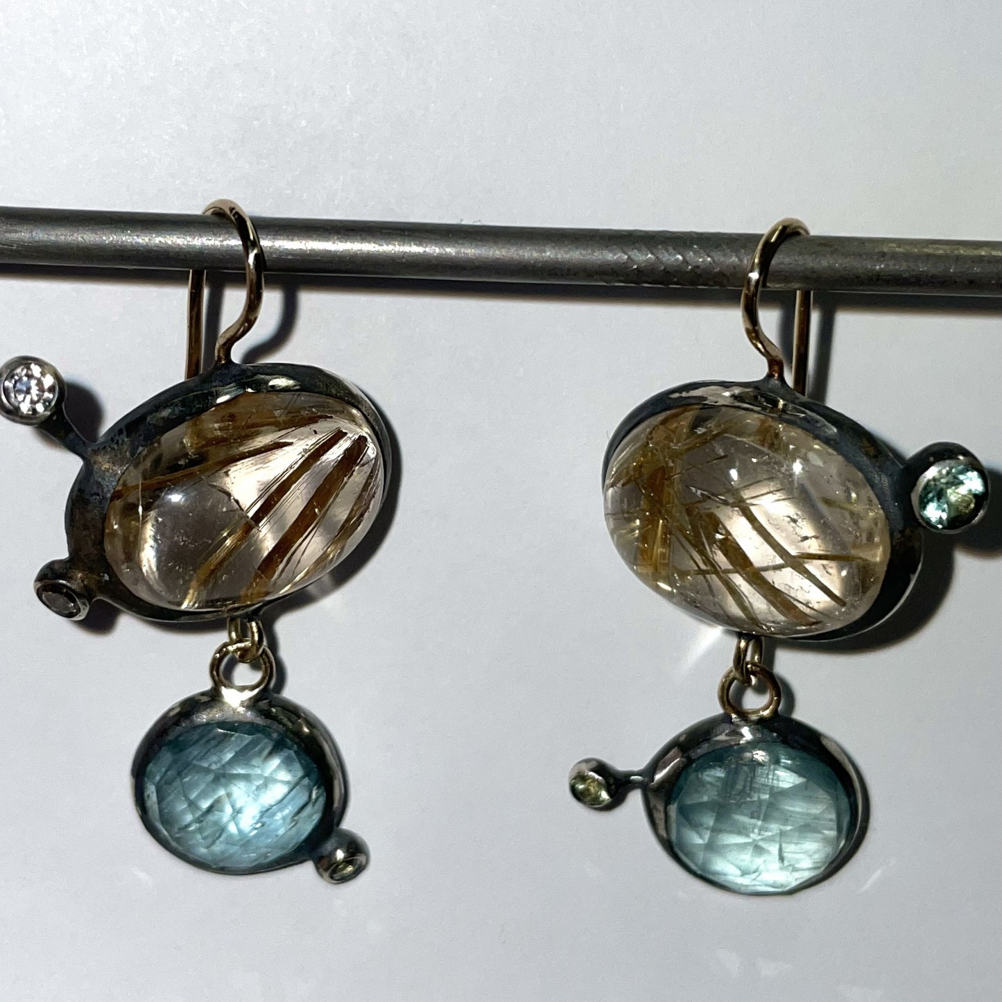 Rutilated Quartz, Kyanite & Sapphire Earrings