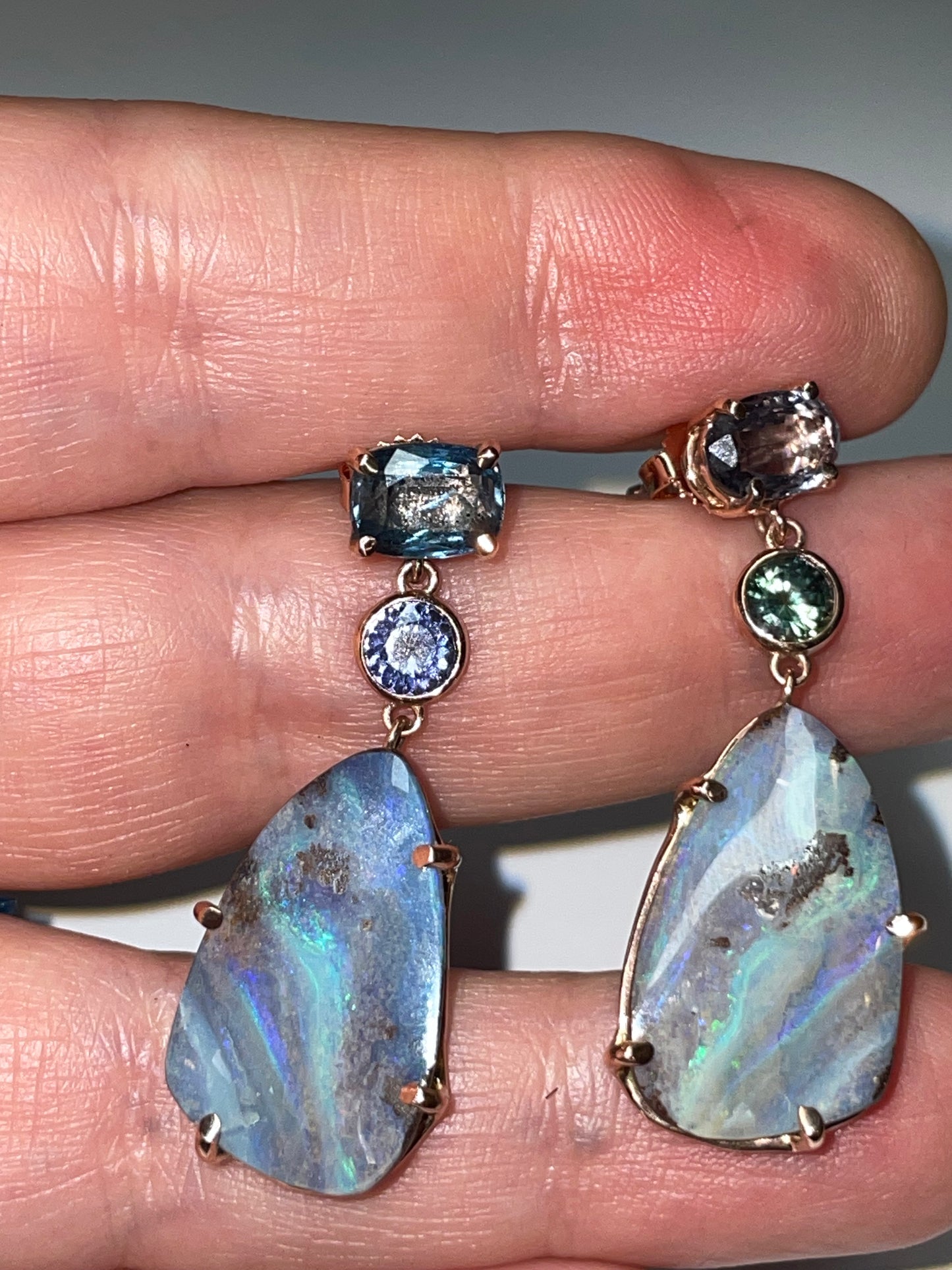 Boulder Opal & Sapphire Rose Gold Earrings