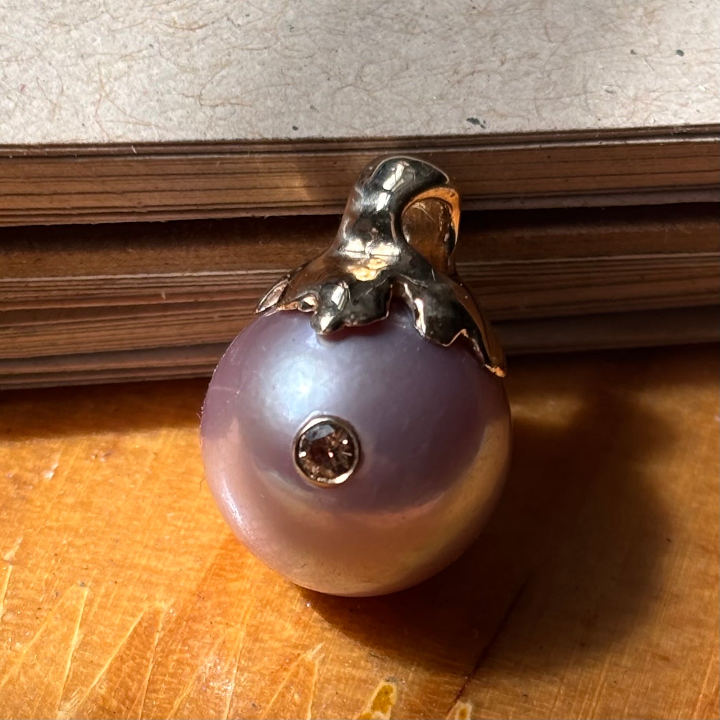 Alternate view of Edison Pearl Gold Pendant with Diamond Accent — Luminous extra-large Edison pearl measure 13 mm, wrapped in